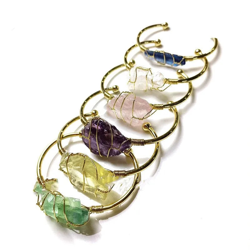 Natural crystal rough stone gold winding unshaped bracelet mixed colour on wrist