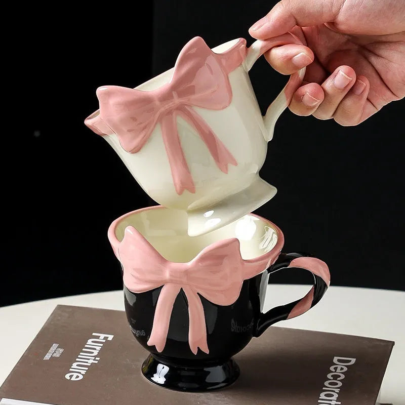Original design ceramic mug with heart bow shape in White Powder or Black Pink colour, 301-400ml capacity