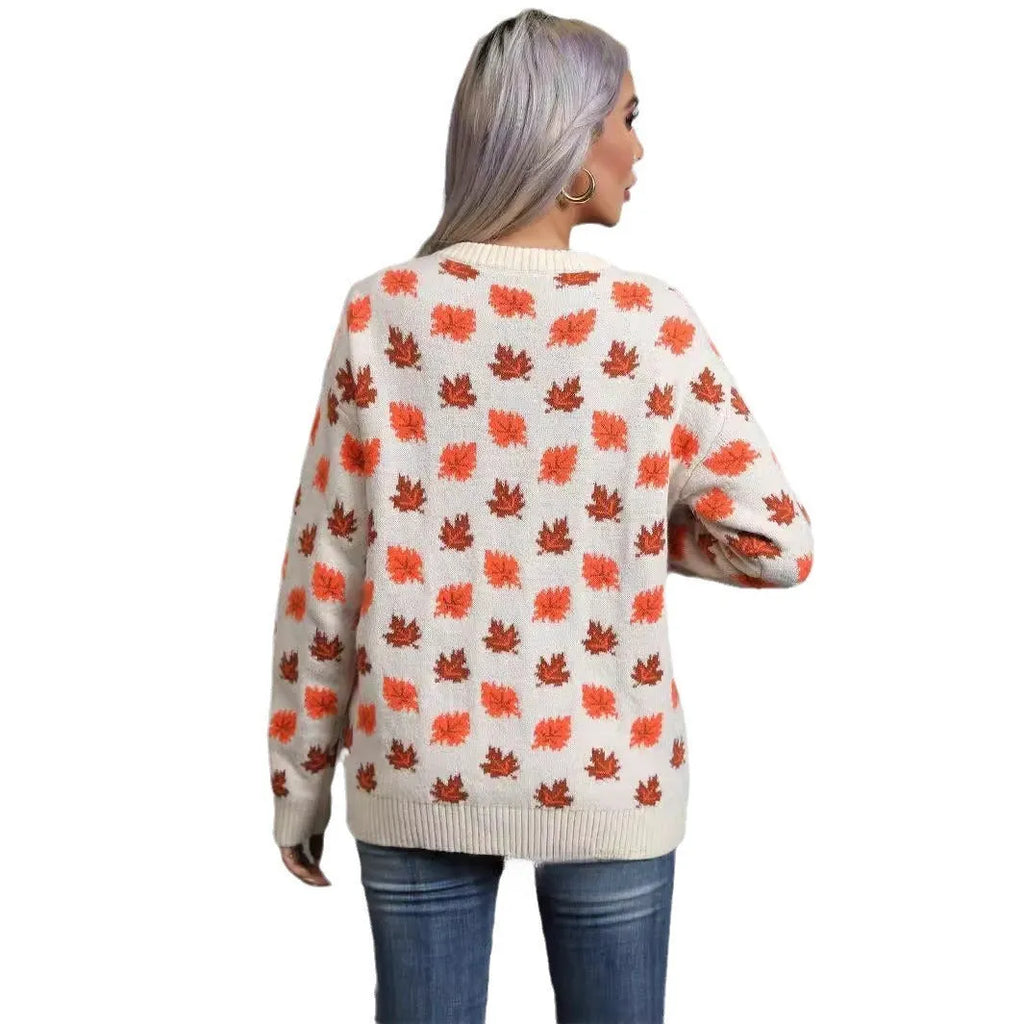 Beige and dark green loose-fit Christmas jumper with round neck and contrasting colour design