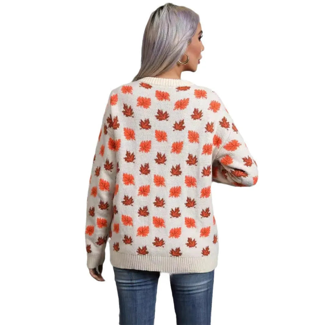 Beige and dark green loose-fit Christmas jumper with round neck and contrasting colour design