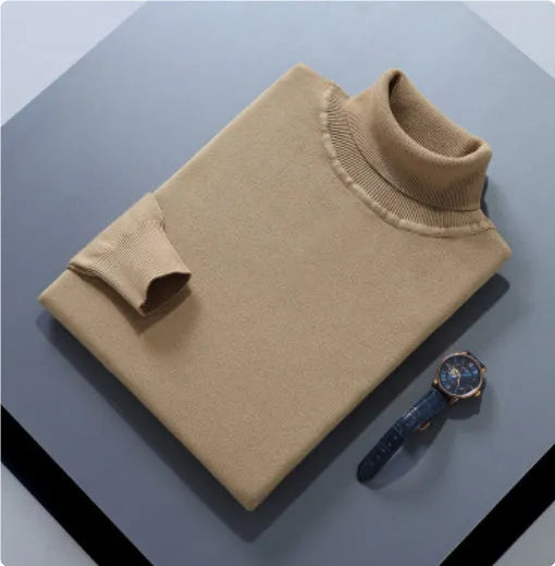 High lapel solid colour casual pullover sweater in beige with long sleeves and loose fit.