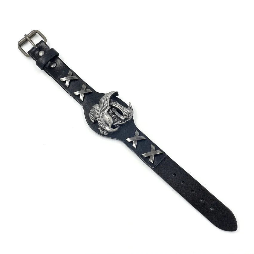 Black geometric leather bracelet with an alloy eagle watch-buttom hardware detail.