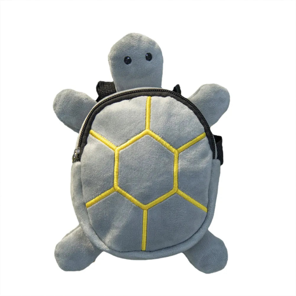 Cartoon turtle shape dog backpack harness in velvet material with metal zipper, measuring 20 x 18cm