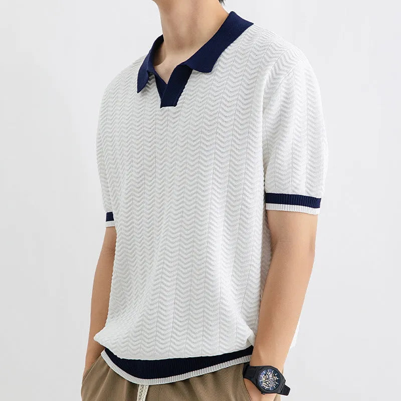 Men's summer Ice Silk striped polo shirt with short sleeves in dark green, regular fit, on white background