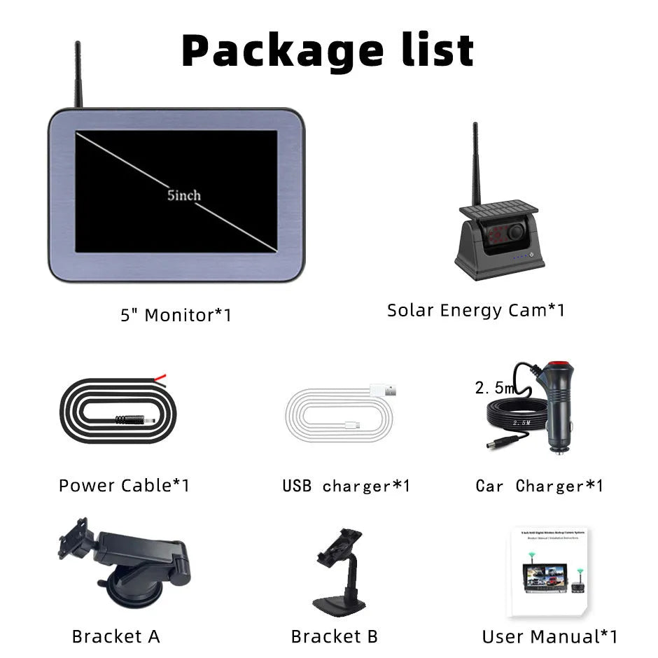 HD wireless solar magnet rearview camera with AHD 5-inch rear view monitor for cars and trucks