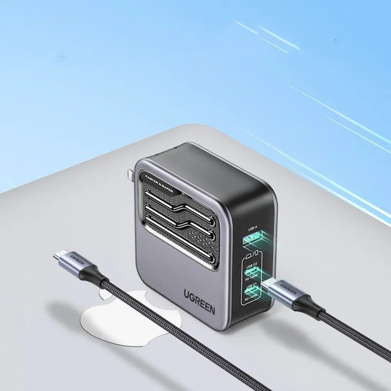 100W Gallium Nitride GaN multi-port USB-C fast charger plug on a table