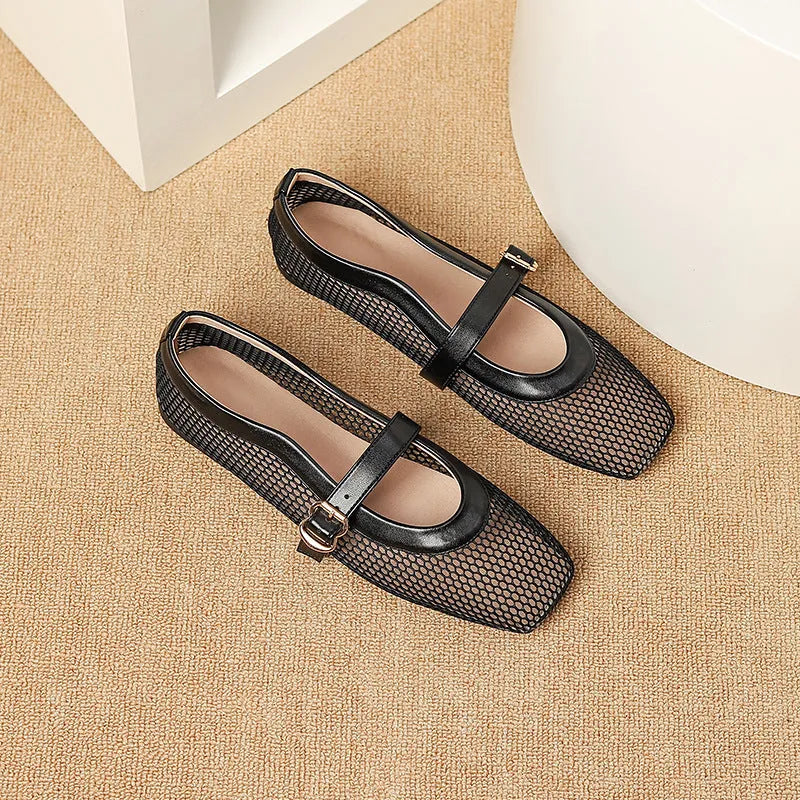 Women's beige mesh low-heel pump with square toe and buckle strap