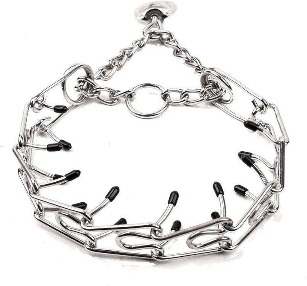 Stainless steel dog prong collar with rubber tips and adjustable chains on a grey background.