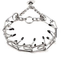 Stainless steel dog prong collar with rubber tips and adjustable chains on a grey background.