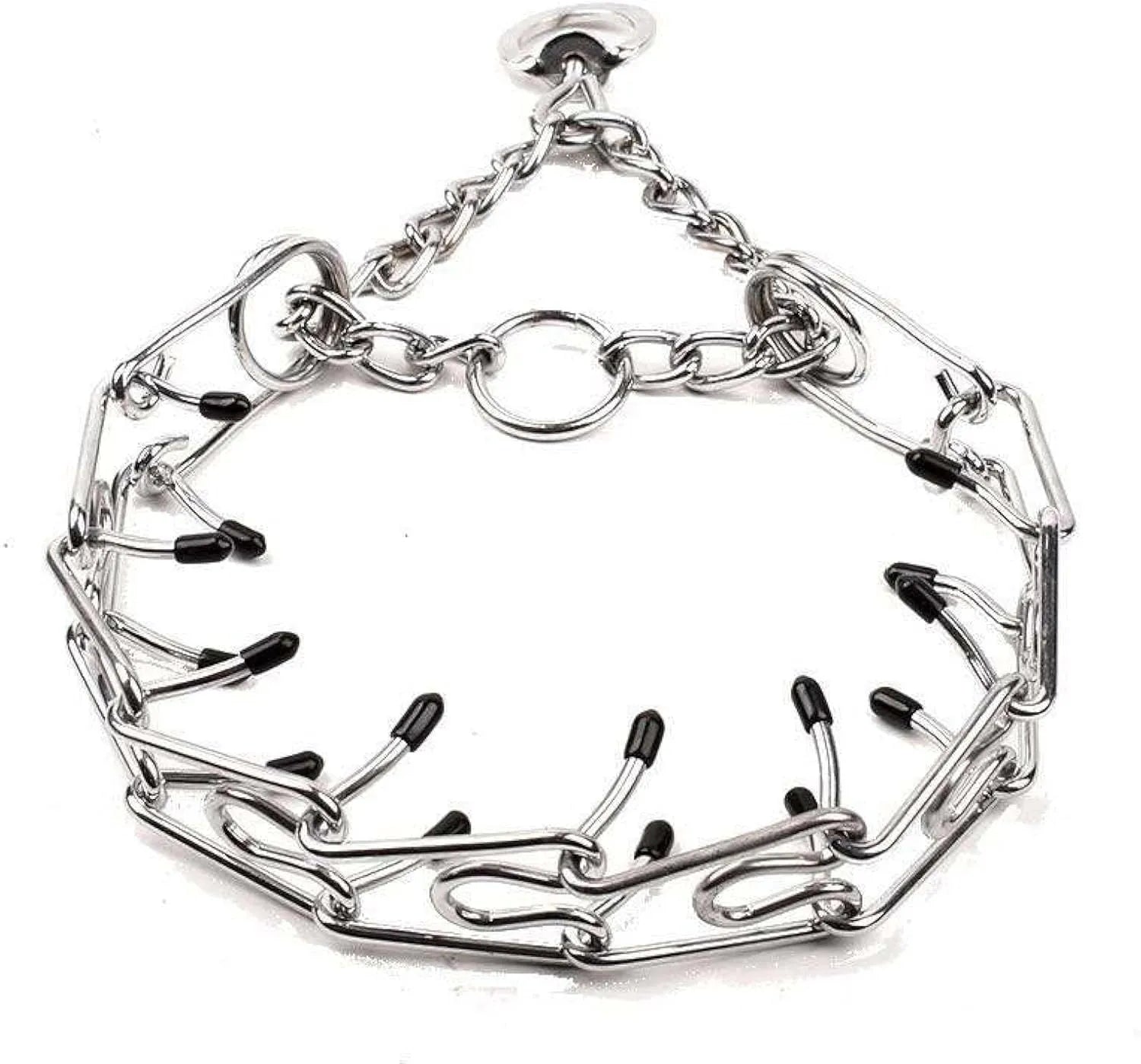 Stainless steel dog prong collar with rubber tips and adjustable chains on a grey background.