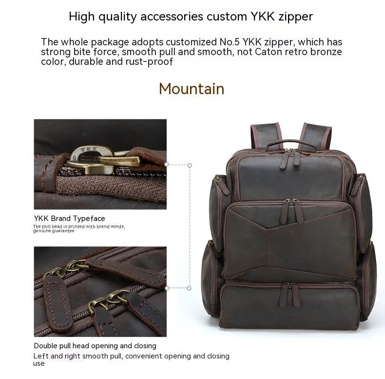 Dark brown retro genuine leather backpack for men showing front view with double straps and soft handle.