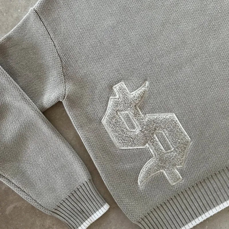 Grey loose fit jacard knit pullover coat with long sleeves made from acetate fibre
