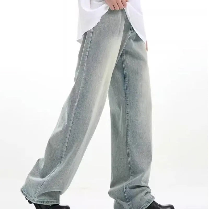 Blue loose-fit retro casual trousers made from high-elasticity rabbit fur fabric on a size chart.