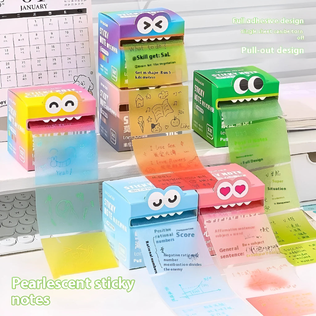Transparent pull-out sticky notes with pearl gradient design in six colour options, 105-page pad