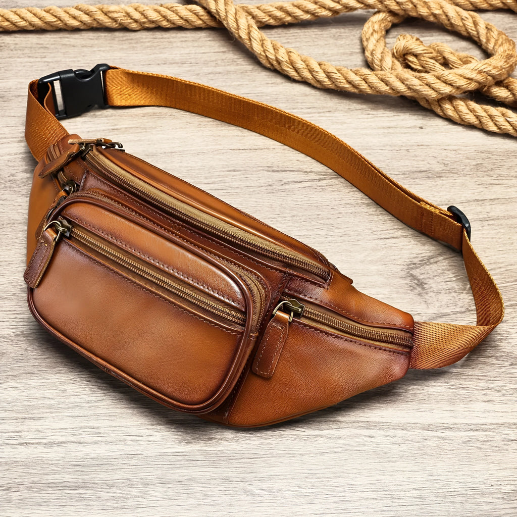 Genuine leather men's chest bag first layer cowhide Brown Coffee retro solid colour messenger bag
