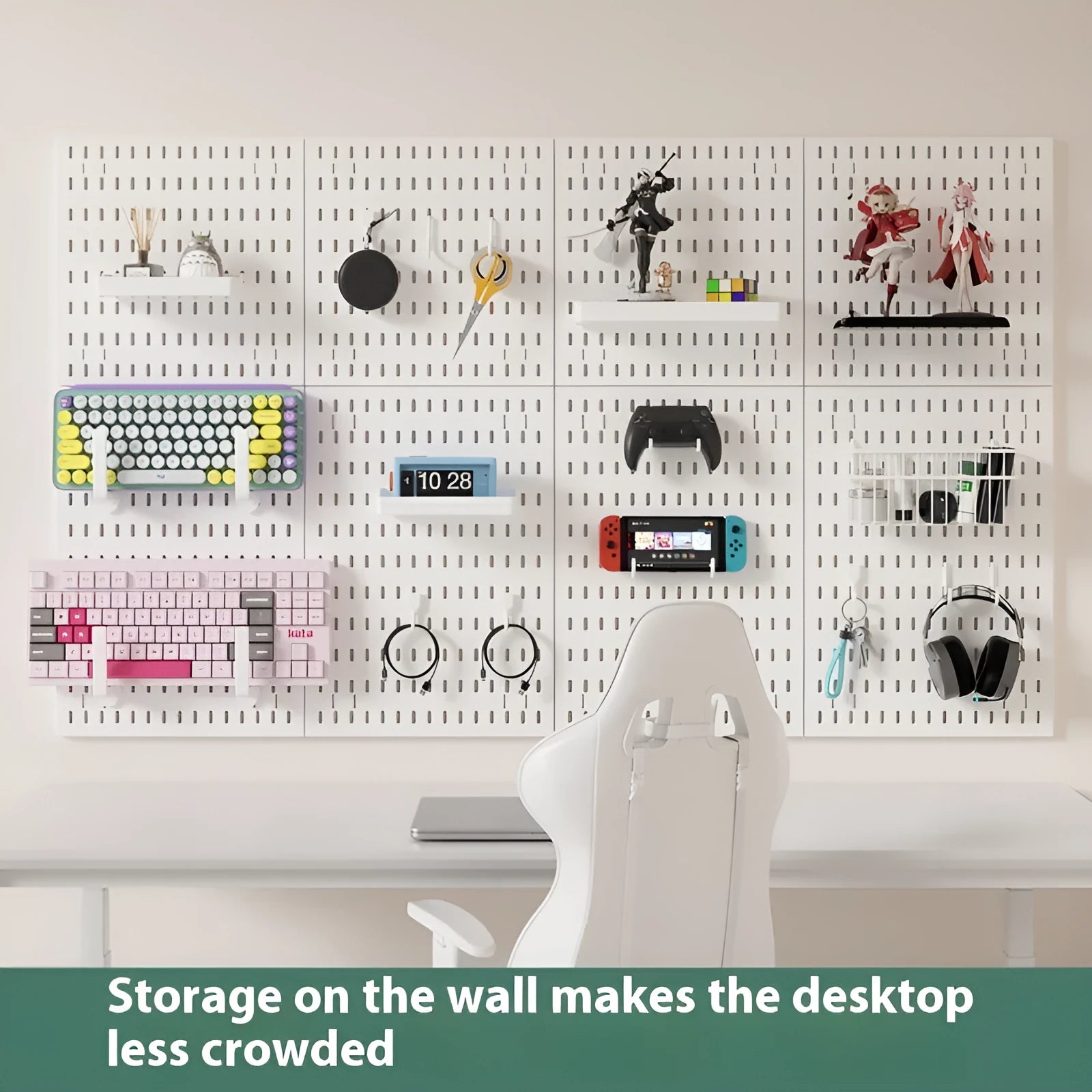 White punch-free wall board with wire-wrap loops holding cables and keys