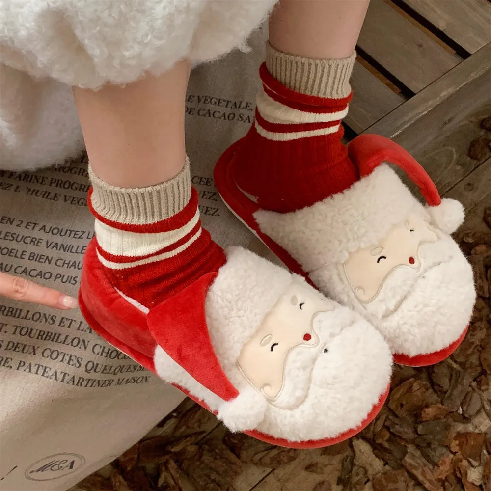 Red and white half-pack cute Santa Claus plush confinement slippers with suede upper and PVC sole