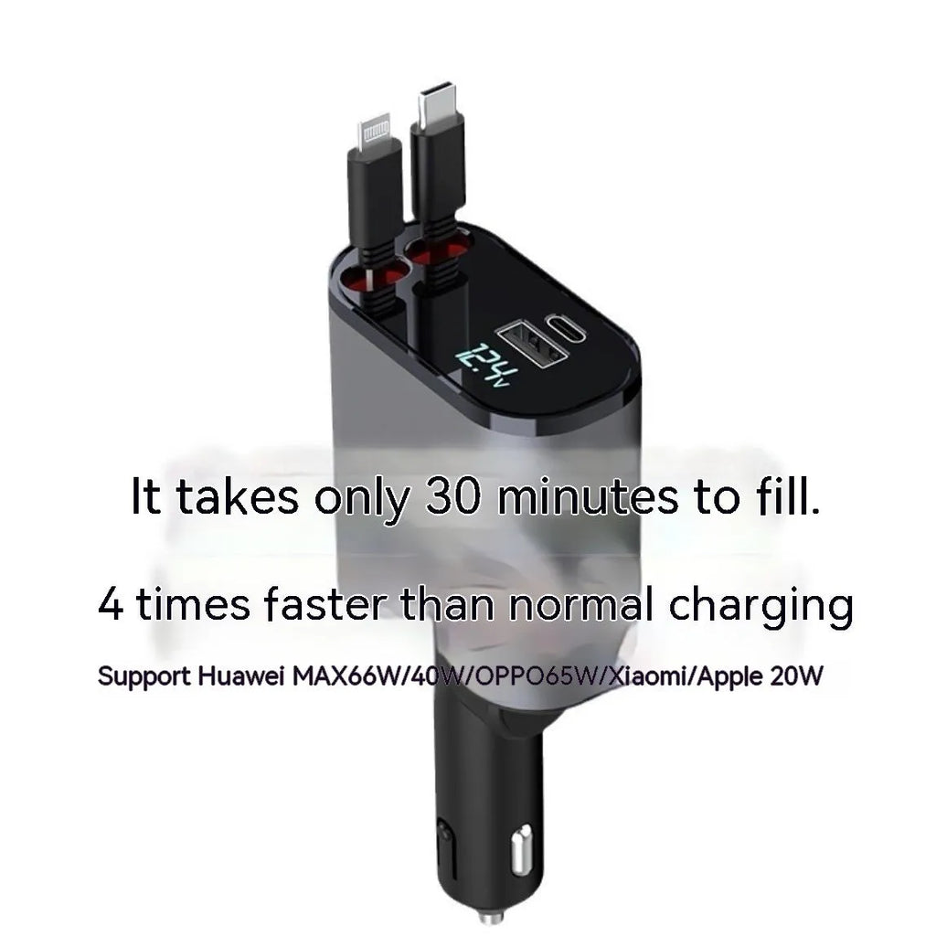 Retractable 4-port car charger for cigarette lighter sockets with QC3.0 fast charging