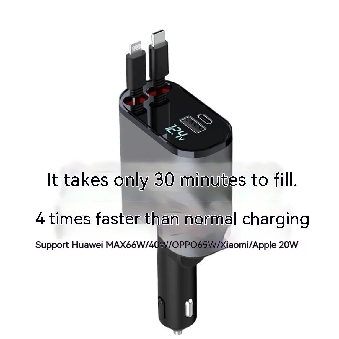 Retractable 4-port car charger for cigarette lighter sockets with QC3.0 fast charging