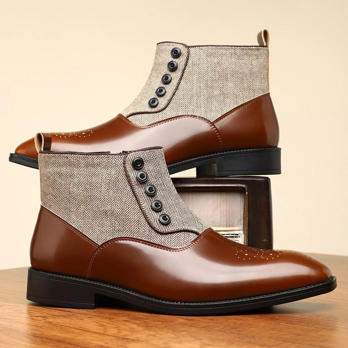 Men's brown and green retro formal shoes with side zipper and square toe
