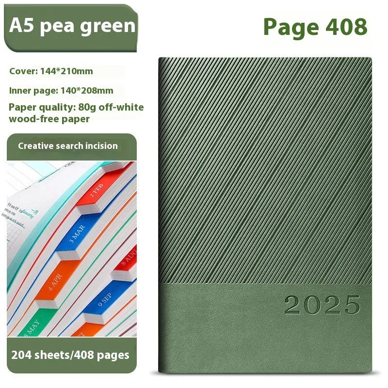 A4 notepad with striped PU leather cover open on 80g paper, showing 408 pages.