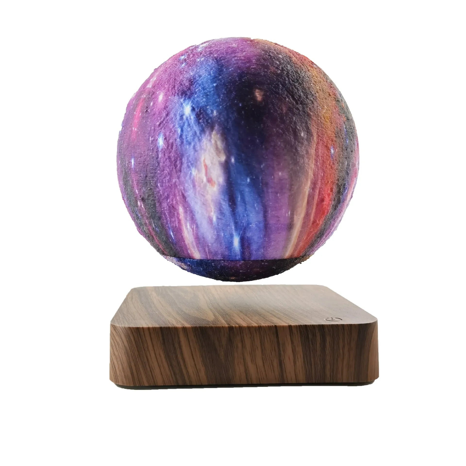 Magnetic levitation galaxy decorative light with a floating walnut-coloured moon lamp above a circular base.
