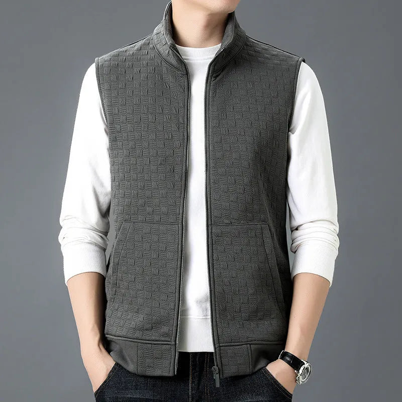 Sleeveless waistcoat vest in polyester blend fabric available in black, brown, grey, and khaki colours