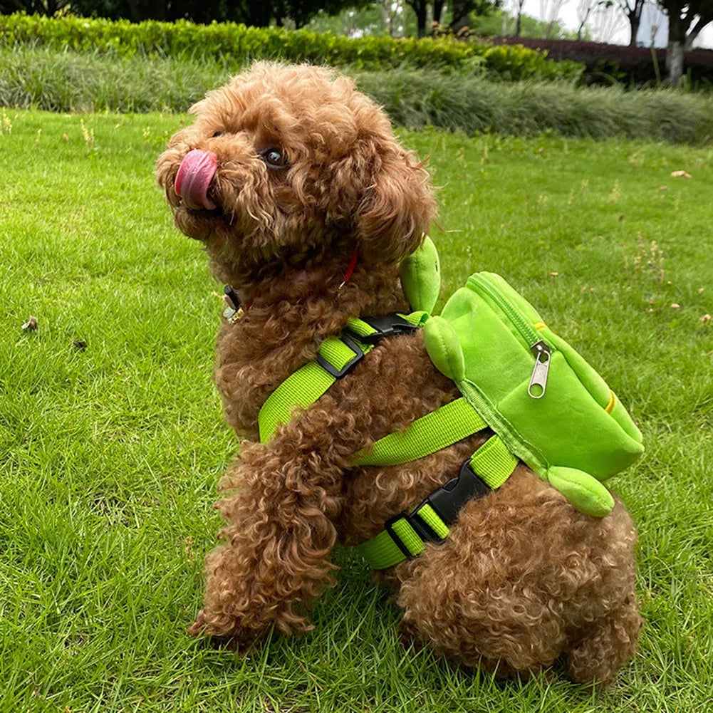 Cartoon turtle shape dog backpack harness in velvet material with metal zipper, measuring 20 x 18cm
