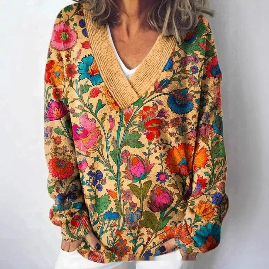 Women's floral printed sweatshirt with 3D pattern and V-neck design in art retro style