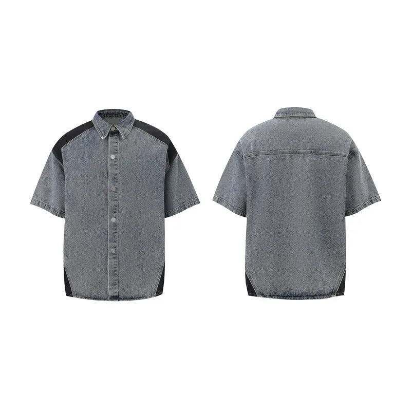 Retro washed blue denim suit set featuring a short-sleeved jacket and matching trousers on a rack.