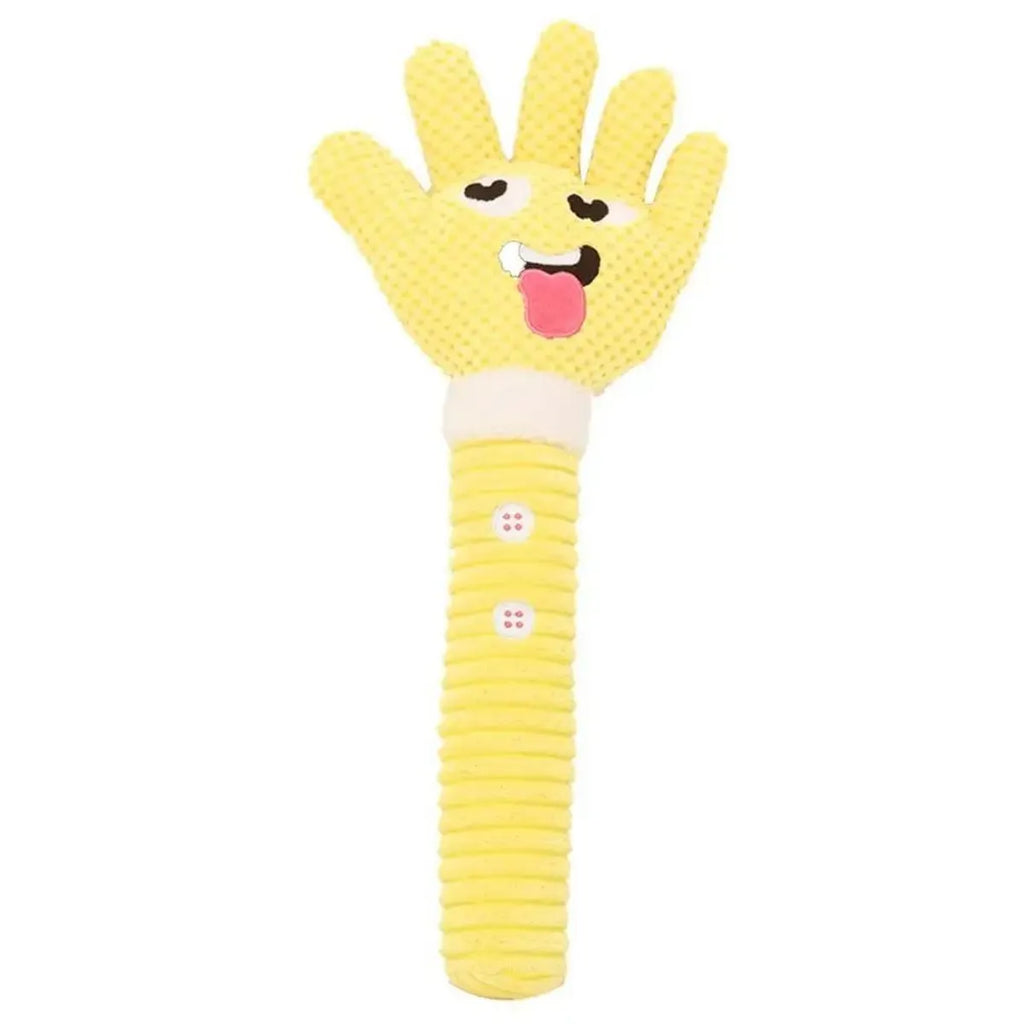 Yellow palm-shaped squeaky plush dog teething toy with bite-resistant fabric for puppy chewing relief