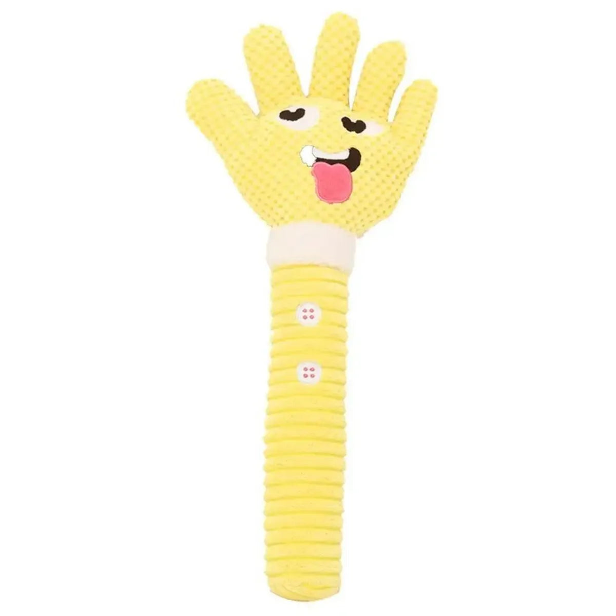 Yellow palm-shaped squeaky plush dog teething toy with bite-resistant fabric for puppy chewing relief