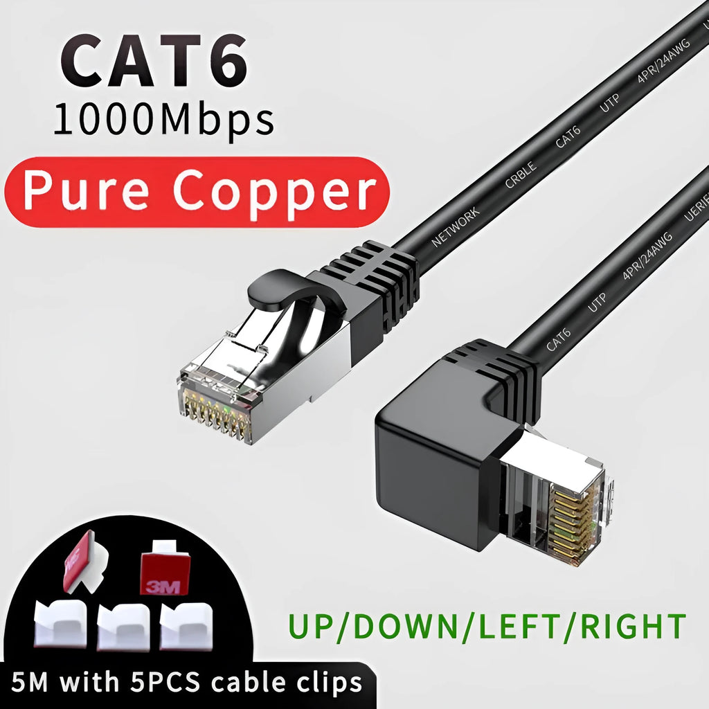 Cat6 Ethernet cable with a right-angle metal RJ45 connector in black, showing its low-profile design.