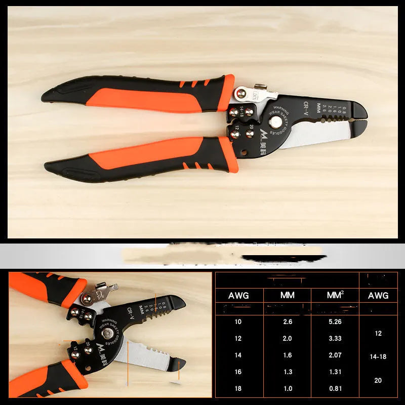 Multifunctional electrician manual peeling pliers with 0.6-3.2mm stripping capacity in 165mm size