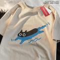 Women's plus size diving cat design short sleeve cotton T-shirt in straight cut.