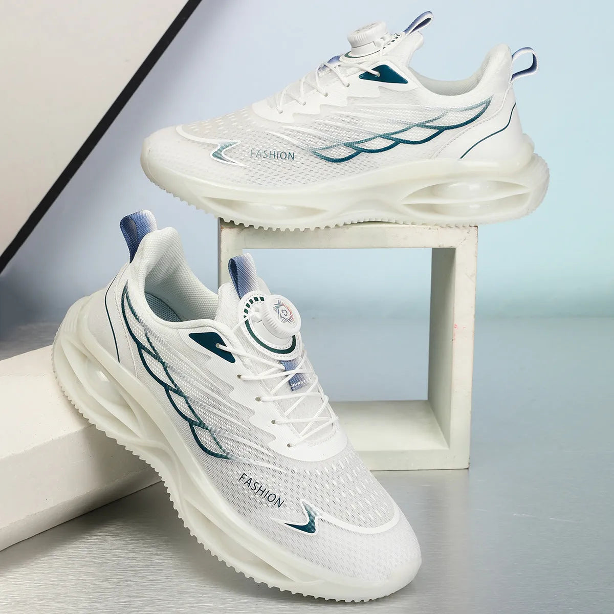 Breathable running shoes in sky blue with mesh upper, round toe, and lace-up front