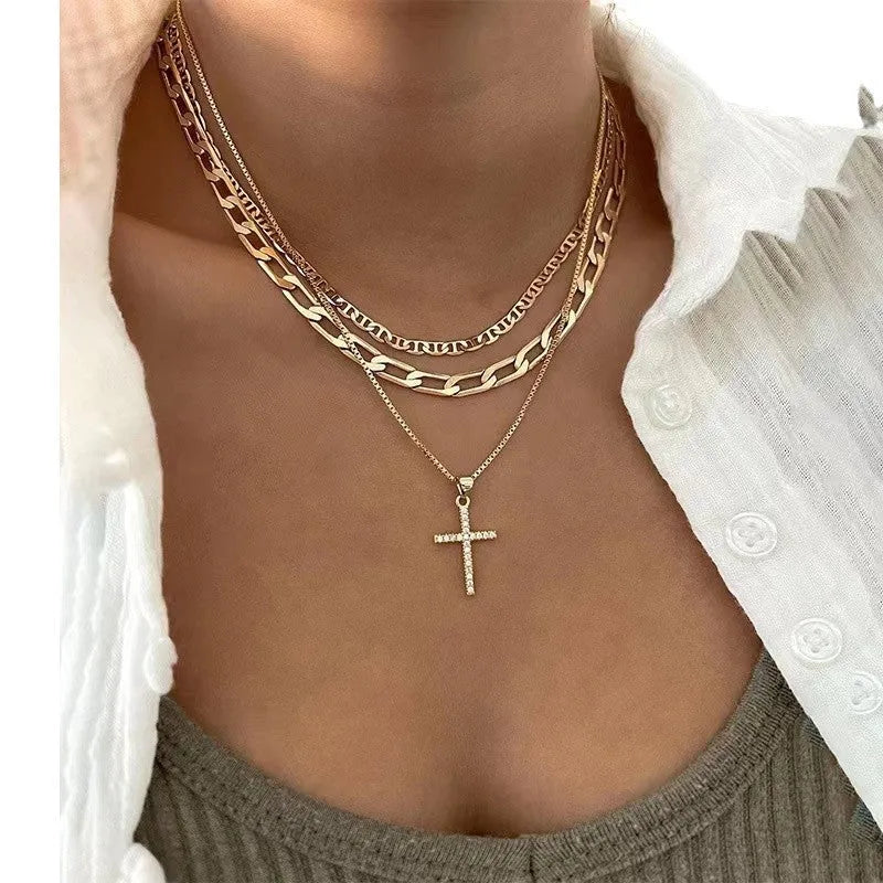 Layered multi-strand alloy geometric pendant necklace with electroplated gold finish for women