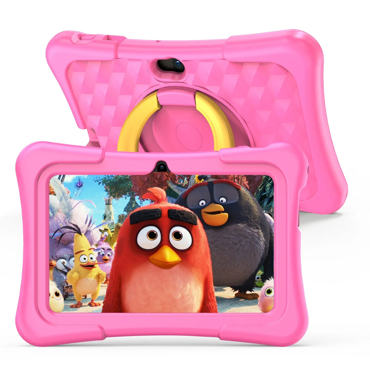Blue 7-inch children's tablet with a silicone cover and a rotating carry handle attached
