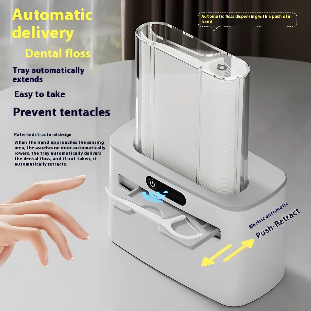Intelligent induction automatic dental floss box in dark grey, gold, or light grey with rechargeable battery.