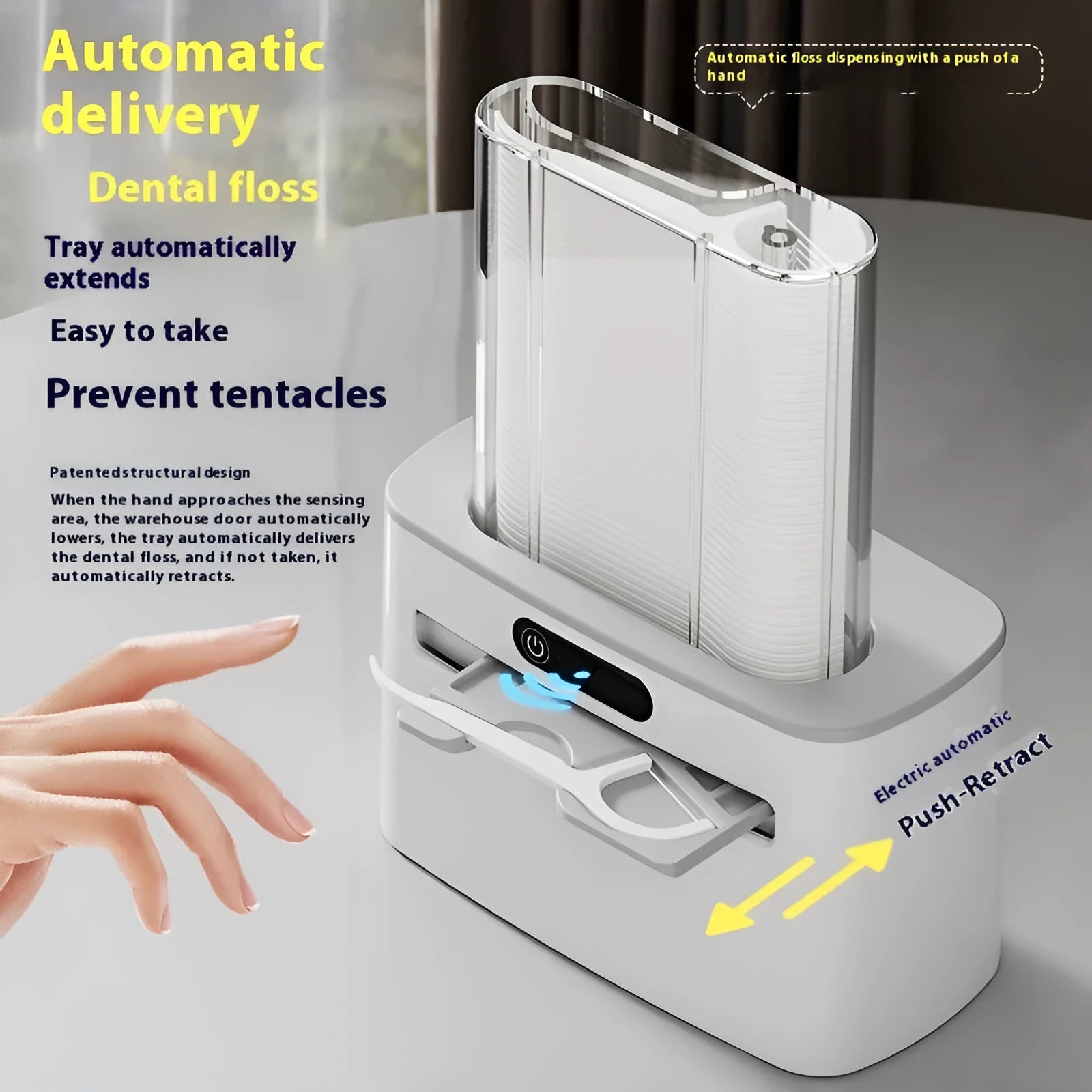 Intelligent induction automatic dental floss box in dark grey, gold, or light grey with rechargeable battery.