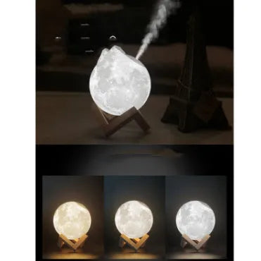 Wood finish spherical lunar humidifier and night light on a bedside table.