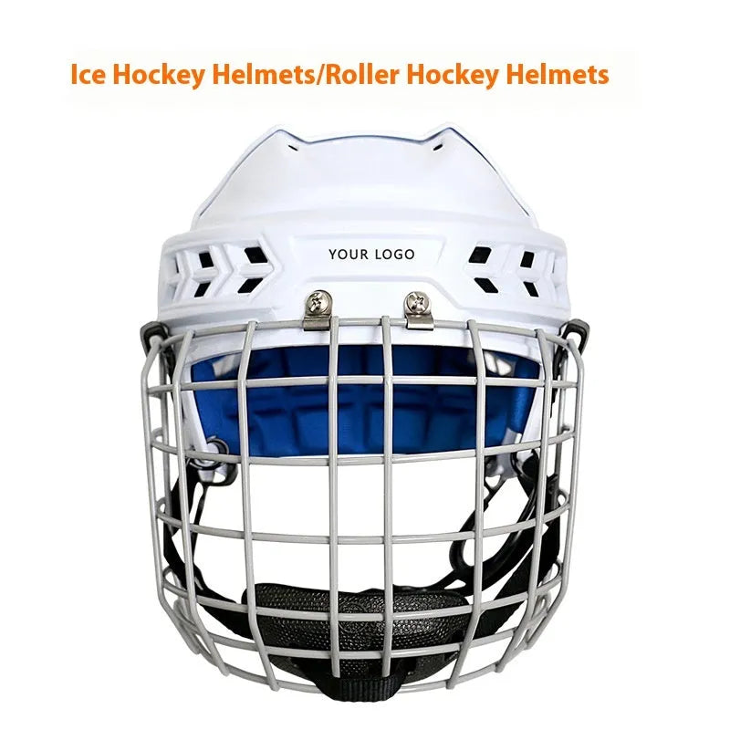 Ice hockey helmet with carbon steel face mask showing impact-resistant construction and cushioned lining
