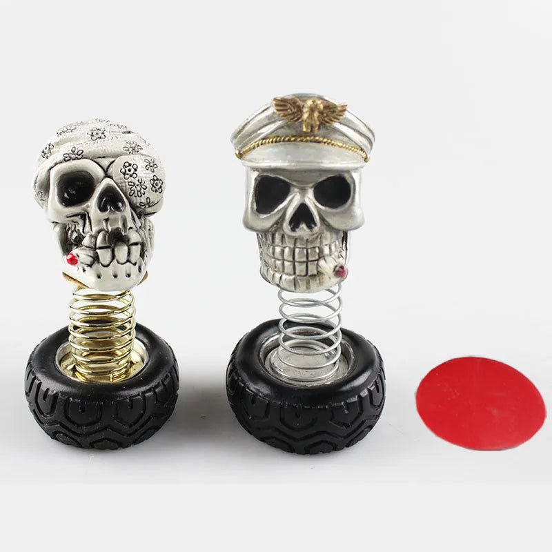Resin car skull bobblehead ornament with military cap or sunflower headband, swinging car interior decoration