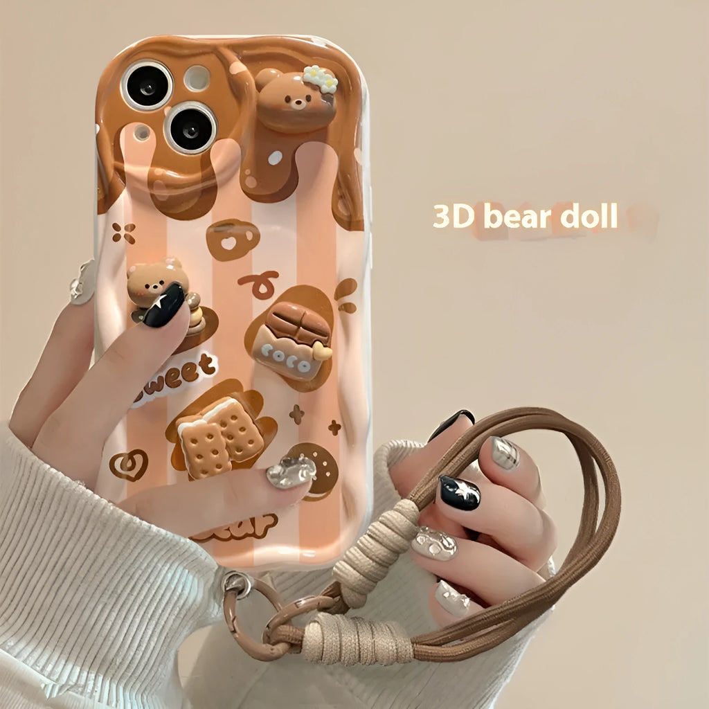 White silicone phone case with chocolate bear doll lanyard for iPhone 15 Pro