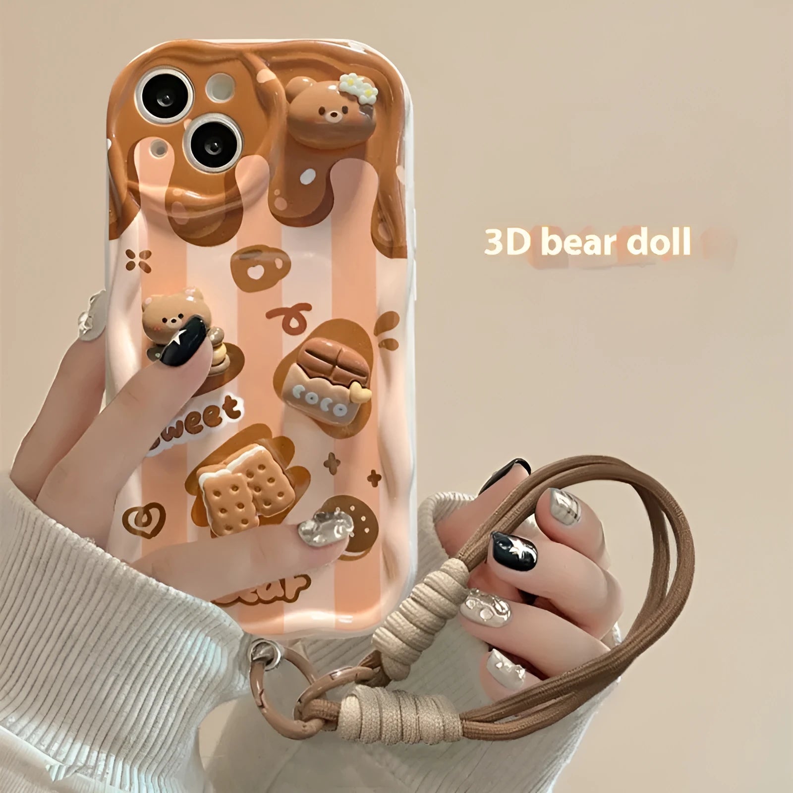 White silicone phone case with chocolate bear doll lanyard for iPhone 15 Pro