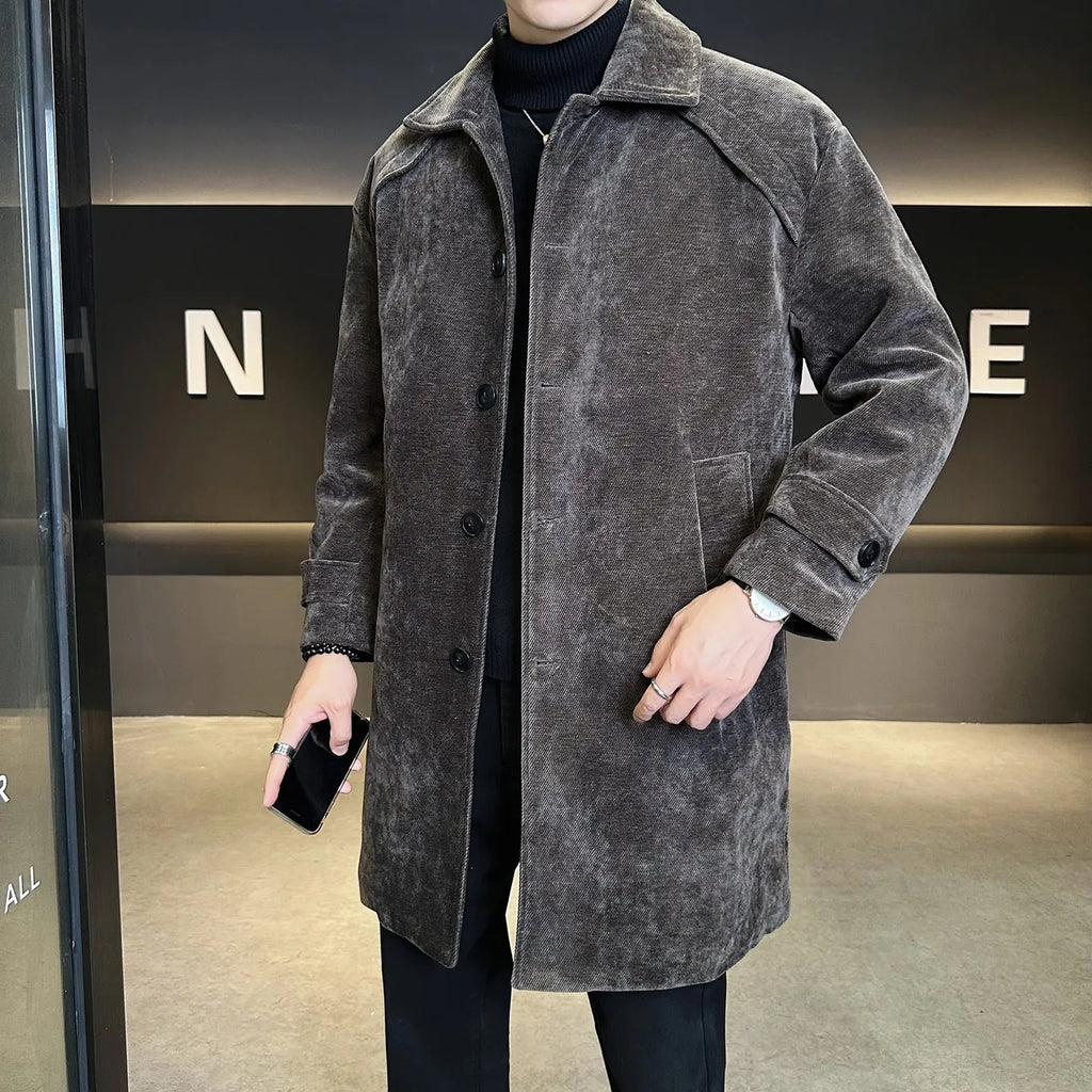 Long brown chenille cotton wool coat thickened windproof jacket with polyester lining, regular fit, front view