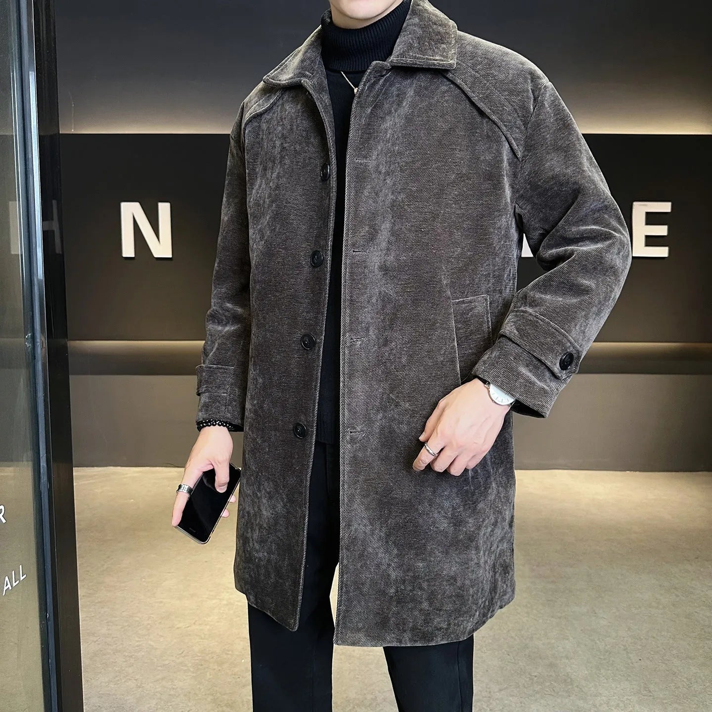 Long brown chenille cotton wool coat thickened windproof jacket with polyester lining, regular fit, front view