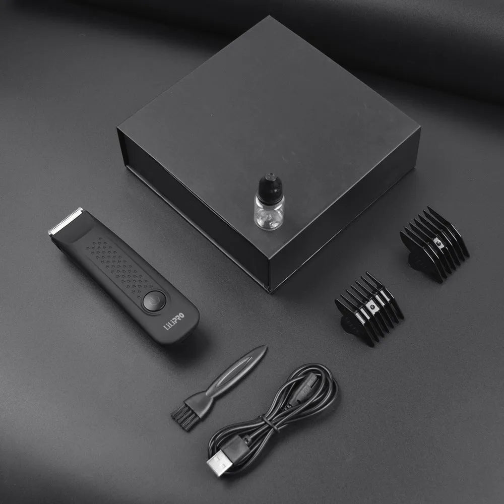 Black LILIPRO ZP-5110 waterproof rechargeable body hair shaver with ceramic blade and limit comb.