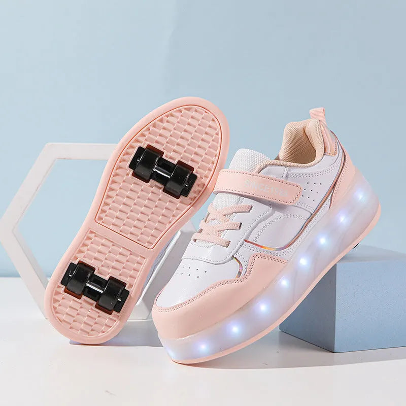 Child wearing pink charging flash roller skates with LED light-up wheels illuminated.