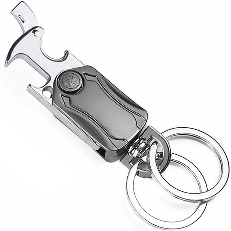 3-in-1 fidget spinner keychain with pocket knife and beer bottle opener in polished chrome-plated alloy
